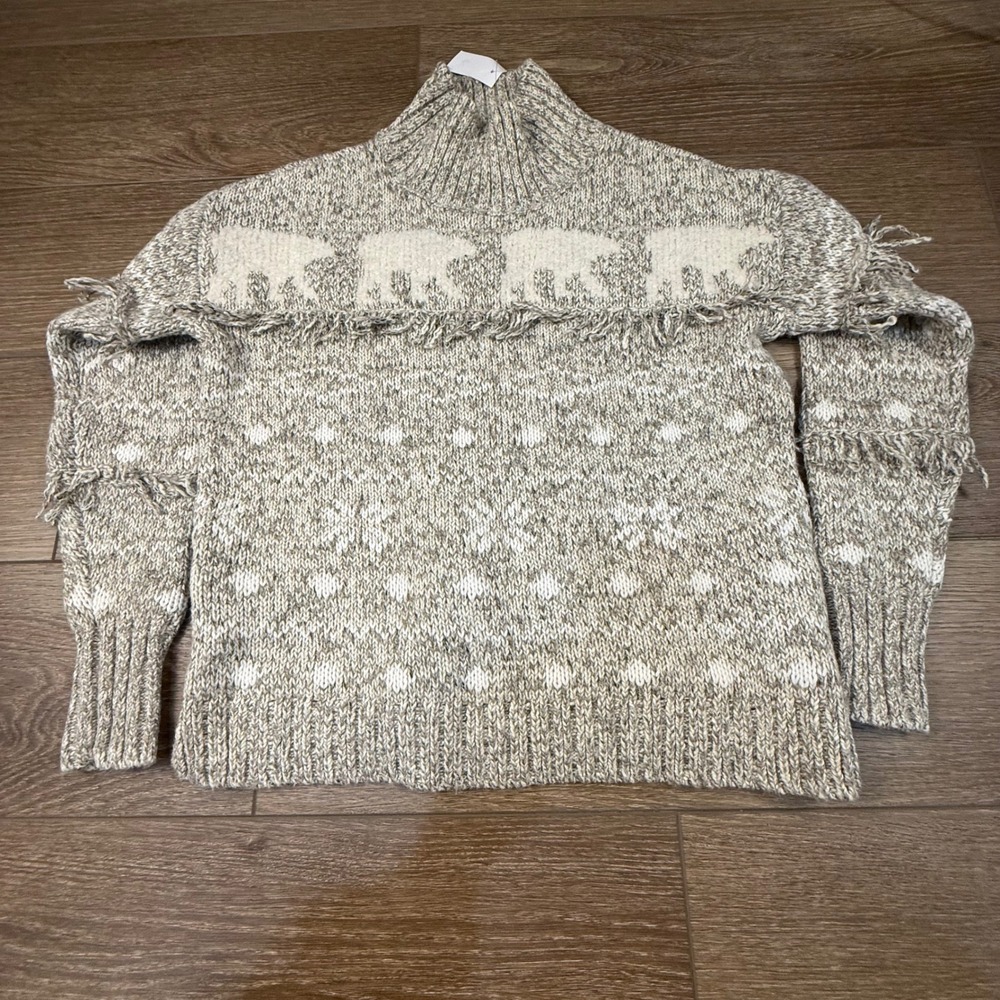 Loft Cozy Polar Bear Fair Isle Knit Mock Neck Fringe Sweater Womens NWT Winter